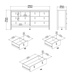 Madrid Double dresser 4+4 drawers in White Furniture To Go 726796634949 5713035068314 A contemporary chest of drawers in an elegant design complete with a simple metal handle, also available in contrasting matt black Dimensions: 797mm x 1594mm x 384mm (Height x Width x Depth) 
 High quality laminated board (resistant to damage and scratches, moisture and high temperature) 
 Made from PEFC Certified sustainable wood 
 Easy self assembly 
 Made in Denmark 
 Easy gliding drawer runners 
 Assembly instructions: