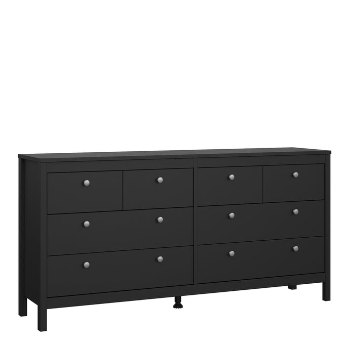 Madrid Double dresser 4+4 drawers in Matt Black Furniture To Go 72679663gmgm 5713035068369 A contemporary chest of drawers in an elegant design complete with a simple metal handle, also available in white Dimensions: 797mm x 1594mm x 384mm (Height x Width x Depth) 
 High quality laminated board (resistant to damage and scratches, moisture and high temperature) 
 Made from PEFC Certified sustainable wood 
 Easy self assembly 
 Made in Denmark 
 Easy gliding drawer runners 
 Assembly instructions:
 
 https://