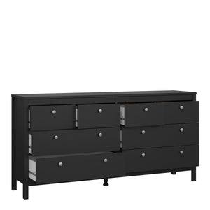 Madrid Double dresser 4+4 drawers in Matt Black Furniture To Go 72679663gmgm 5713035068369 A contemporary chest of drawers in an elegant design complete with a simple metal handle, also available in white Dimensions: 797mm x 1594mm x 384mm (Height x Width x Depth) 
 High quality laminated board (resistant to damage and scratches, moisture and high temperature) 
 Made from PEFC Certified sustainable wood 
 Easy self assembly 
 Made in Denmark 
 Easy gliding drawer runners 
 Assembly instructions:
 
 https://