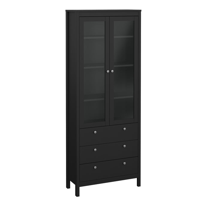 Madrid China cabinet 2 doors w/glass + 3 drawers in Matt Black Furniture To Go 72679666gmgm 5713035068956 A contemporary glass display cabinet with two doors and three drawers in an elegant design complete with a simple metal handle, also available in white Dimensions: 1990mm x 778.5mm x 325mm (Height x Width x Depth) 
 High quality laminated board (resistant to damage and scratches, moisture and high temperature) 
 Made from PEFC Certified sustainable wood 
 Easy self assembly 
 Made in Denmark 
 Easy glid