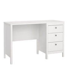 Load image into Gallery viewer, Madrid Desk 3 drawers White Furniture To Go 726796814949 5713035082938 Introducing the Madrid 3-Drawer Desk – a contemporary and stylish addition to your workspace. With its sleek design, elegant lines, and simple metal handles, this desk effortlessly enhances the aesthetics of any room. Choose the timeless black finish for a sophisticated and bold look that seamlessly complements your modern decor. Experience the perfect blend of functionality and sophistication with the Madrid 3-Drawer Desk. Its three spa