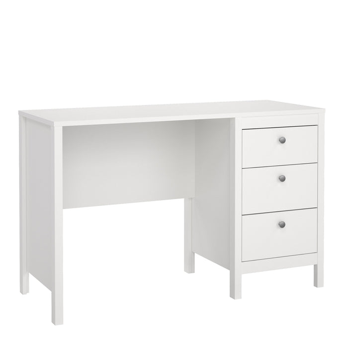 Madrid Desk 3 drawers White Furniture To Go 726796814949 5713035082938 Introducing the Madrid 3-Drawer Desk – a contemporary and stylish addition to your workspace. With its sleek design, elegant lines, and simple metal handles, this desk effortlessly enhances the aesthetics of any room. Choose the timeless black finish for a sophisticated and bold look that seamlessly complements your modern decor. Experience the perfect blend of functionality and sophistication with the Madrid 3-Drawer Desk. Its three spa