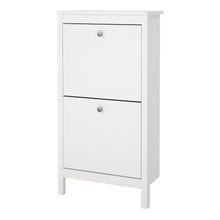 Load image into Gallery viewer, Madrid Shoe Cabinet 2 Flap Door White Furniture To Go 726796834949 5713035082952 Introducing the Madrid Shoe Cabinet with Two Flap Doors – a sophisticated and modern wardrobe designed to add an elegant touch to your space. With its sleek design and a simple metal handle, this two-door cabinet offers a perfect blend of style and functionality. For those seeking a bolder statement, it is also available in a contrasting white finish. Experience the essence of contemporary elegance with the Madrid Shoe Cabinet.