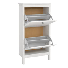 Load image into Gallery viewer, Madrid Shoe Cabinet 2 Flap Door White Furniture To Go 726796834949 5713035082952 Introducing the Madrid Shoe Cabinet with Two Flap Doors – a sophisticated and modern wardrobe designed to add an elegant touch to your space. With its sleek design and a simple metal handle, this two-door cabinet offers a perfect blend of style and functionality. For those seeking a bolder statement, it is also available in a contrasting white finish. Experience the essence of contemporary elegance with the Madrid Shoe Cabinet.