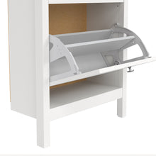 Load image into Gallery viewer, Madrid Shoe Cabinet 2 Flap Door White Furniture To Go 726796834949 5713035082952 Introducing the Madrid Shoe Cabinet with Two Flap Doors – a sophisticated and modern wardrobe designed to add an elegant touch to your space. With its sleek design and a simple metal handle, this two-door cabinet offers a perfect blend of style and functionality. For those seeking a bolder statement, it is also available in a contrasting white finish. Experience the essence of contemporary elegance with the Madrid Shoe Cabinet.