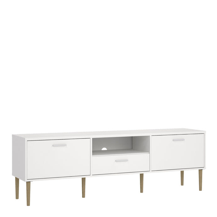Media TV-Unit with 2 Doors + 1 Drawer in White Furniture To Go 729904084949 5713035082730 This Media TV unit is traditional Danish design and produced with an easy to clean foil surface. Made and manufactured in Denmark. It features a simple, low-profile, multifunctional design to keep all your media components organized. The simple yet appealing includes three media compartments and one drawer including one shelf behind each door for additional storage. Dimensions: 568mm x 1772mm x 398mm (Height x Width x 