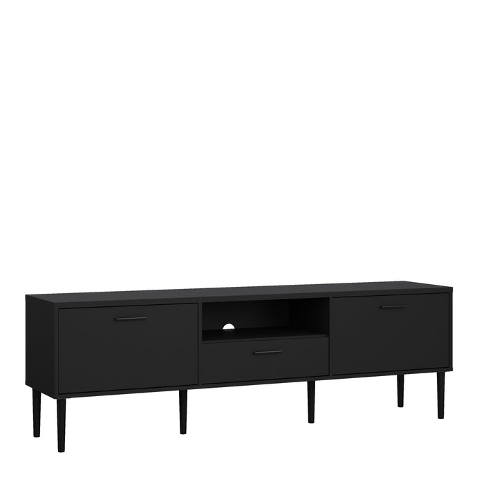Media TV-Unit with 2 Doors + 1 Drawer in Black Furniture To Go 72990408gmgm 5713035082747 This Media TV unit is traditional Danish design and produced with an easy to clean foil surface. Made and manufactured in Denmark. It features a simple, low-profile, multifunctional design to keep all your media components organized. The simple yet appealing includes three media compartments and one drawer including one shelf behind each door for additional storage. Dimensions: 568mm x 1772mm x 398mm (Height x Width x 