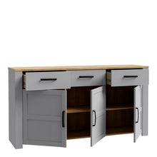 Load image into Gallery viewer, Bohol Sideboard in Riviera Oak/Grey Oak Furniture To Go 801bhlk231-m478 5904767835088 The Bohol collection draws inspiration from its timeless charm and rustic style, embracing its simplicity and natural elegance. What truly sets this collection apart from others is its exquisite decor - featuring three colourways with an Oak finish. The subtle elegance of the light Riviera Oak contributes by adding a focal point to each piece. Also featuring black handles with soft close doors, making it truly stand out in