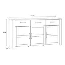 Load image into Gallery viewer, Bohol Sideboard in Riviera Oak/Grey Oak Furniture To Go 801bhlk231-m478 5904767835088 The Bohol collection draws inspiration from its timeless charm and rustic style, embracing its simplicity and natural elegance. What truly sets this collection apart from others is its exquisite decor - featuring three colourways with an Oak finish. The subtle elegance of the light Riviera Oak contributes by adding a focal point to each piece. Also featuring black handles with soft close doors, making it truly stand out in