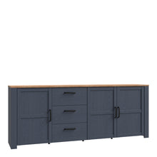 Load image into Gallery viewer, Bohol Large Sideboard in Riviera Oak/Navy Furniture To Go 801bhlk241r-m348 5904767832308 The Bohol collection draws inspiration from its timeless charm and rustic style, embracing its simplicity and natural elegance. What truly sets this collection apart from others is its exquisite decor - featuring three colourways with an Oak finish. The subtle elegance of the light Riviera Oak contributes by adding a focal point to each piece. Also featuring black handles with soft close doors, making it truly stand out