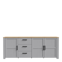 Load image into Gallery viewer, Bohol Large Sideboard in Riviera Oak/Grey Oak Furniture To Go 801bhlk241r-m478 5904767835095 The Bohol collection draws inspiration from its timeless charm and rustic style, embracing its simplicity and natural elegance. What truly sets this collection apart from others is its exquisite decor - featuring three colourways with an Oak finish. The subtle elegance of the light Riviera Oak contributes by adding a focal point to each piece. Also featuring black handles with soft close doors, making it truly stand