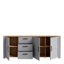Load image into Gallery viewer, Bohol Large Sideboard in Riviera Oak/Grey Oak Furniture To Go 801bhlk241r-m478 5904767835095 The Bohol collection draws inspiration from its timeless charm and rustic style, embracing its simplicity and natural elegance. What truly sets this collection apart from others is its exquisite decor - featuring three colourways with an Oak finish. The subtle elegance of the light Riviera Oak contributes by adding a focal point to each piece. Also featuring black handles with soft close doors, making it truly stand
