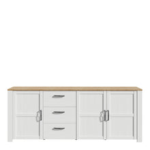 Load image into Gallery viewer, Bohol Large Sideboard in Riviera Oak/White Furniture To Go 801bhlk241r-m482 5904767840532 The Bohol collection draws inspiration from its timeless charm and rustic style, embracing its simplicity and natural elegance. What truly sets this collection apart from others is its exquisite decor - featuring three colourways with an Oak finish. The subtle elegance of the light Riviera Oak contributes by adding a focal point to each piece. Also featuring black handles with soft close doors, making it truly stand ou