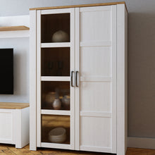 Load image into Gallery viewer, Bohol Display Cabinet in Riviera Oak/White Furniture To Go 801bhlv621-m482 5904767840556 The Bohol collection draws inspiration from its timeless charm and rustic style, embracing its simplicity and natural elegance. What truly sets this collection apart from others is its exquisite decor - featuring three colourways with an Oak finish. The subtle elegance of the light Riviera Oak contributes by adding a focal point to each piece. Also featuring black handles with soft close doors, making it truly stand out