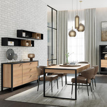 Load image into Gallery viewer, High Rock Wall Shelf in Matt Black/Riviera Oak Furniture To Go 801cerb01-m197 5904767825539 High Rock, a captivating and contemporary collection which has a perfect blend of the Riviera Oak decor with deep black accents, this collection immediately captivates attention with its originality. The sleek black metal handles add a touch of elegance, while the tables boast robust metal legs in a frame-like design, contributing to a distinct loft character within the space. Beyond its striking aesthetics, High Roc