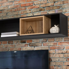 Load image into Gallery viewer, High Rock Wall Shelf in Matt Black/Riviera Oak Furniture To Go 801cerb01-m197 5904767825539 High Rock, a captivating and contemporary collection which has a perfect blend of the Riviera Oak decor with deep black accents, this collection immediately captivates attention with its originality. The sleek black metal handles add a touch of elegance, while the tables boast robust metal legs in a frame-like design, contributing to a distinct loft character within the space. Beyond its striking aesthetics, High Roc