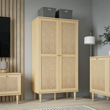 Load image into Gallery viewer, Calasetta Display Cabinet in Rattan Furniture To Go 801cqss622-d95d 5904767839093 Introducing the captivating Calasetta collection, a stunning ensemble of furniture pieces that exude an irresistible rattan effect. Designed to elevate both your living and dining rooms, this collection presents a harmonious fusion of style and functionality. Dimensions: 1666mm x 801mm x 414mm (Height x Width x Depth) 
 Contemporary twist on retro design 
 Realistic rattan effect front 
 Quality Elegancia light oak effect 
 2 