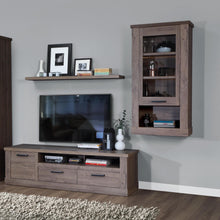 Load image into Gallery viewer, Corona Wall Display cabinet in Tabak Oak Furniture To Go 801cr2h111-d64 5904767852740 Discover the captivating allure of the Corona collection, where practicality meets sophistication, the collection offers open recesses, drawers, doors, and shelves. Provide secure and stylish storage solutions with this high-quality selection of furniture. Dimensions: 1365mm x 714mm x 341mm (Height x Width x Depth) 
 Traditional design 
 Dark warm tabak oak effect 
 1 glass door 
 2 adjustable shelves 
 Open storage 
 Opti
