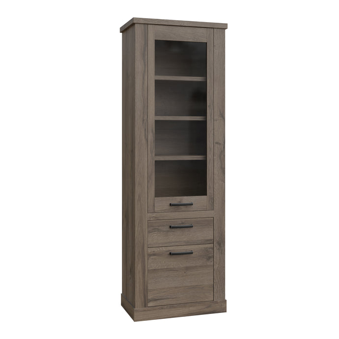 Corona Narrow Display Cabinet in Tabak Oak Furniture To Go 801cr2v812-d64 5904767852719 Discover the captivating allure of the Corona collection, where practicality meets sophistication, the collection offers open recesses, drawers, doors, and shelves. Provide secure and stylish storage solutions with this high-quality selection of furniture. Dimensions: 2120mm x 714mm x 413mm (Height x Width x Depth) 
 Traditional design 
 Dark warm tabak oak effect 
 1 glass door, 1 door 
 1 drawer 
 3 shelves 
 Optional 
