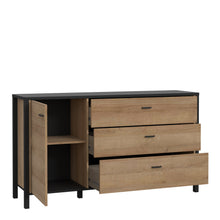 Load image into Gallery viewer, High Rock Sideboard in Matt Black/Riviera Oak Furniture To Go 801hrkk221-m197 5904767825478 High Rock, a captivating and contemporary collection which has a perfect blend of the Riviera Oak decor with deep black accents, this collection immediately captivates attention with its originality. The sleek black metal handles add a touch of elegance, while the tables boast robust metal legs in a frame-like design, contributing to a distinct loft character within the space. Beyond its striking aesthetics, High Roc