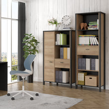 Load image into Gallery viewer, High Rock Wide Shelf Unit in Matt Black/Riviera Oak Furniture To Go 801hrkr521l-m197 5904767840686 High Rock, a captivating and contemporary collection which has a perfect blend of the Riviera Oak decor with deep black accents, this collection immediately captivates attention with its originality. The sleek black metal handles add a touch of elegance, while the tables boast robust metal legs in a frame-like design, contributing to a distinct loft character within the space. Beyond its striking aesthetics, H