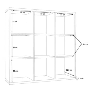 Mauro 3x3 Storage Unit in Matt Black Furniture To Go 801mxxr331-z13m 5904767894849 Mauro units – the epitome of stylish, simple cube storage shelving with endless possibilities. These units will effortlessly transform your living area into a haven of organisation and sophistication. With a range of sizes and colours to choose from, customising your Mauro storage unit to suit your unique style is a breeze. Dimensions: 1073mm x 1072mm x 329mm (Height x Width x Depth) 
 Modern cube style storage unit 
 9 open 