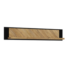 Load image into Gallery viewer, Nikomedes Wall shelf in Spica Oak/Matt Black/Bartex Oak Furniture To Go 801nmsb01-m570 5904767838782 Behold the magnificence of the Nikomedes, a true masterpiece that seamlessly captures the essence of a beautiful contemporary design. This exceptional piece showcases decorative panels that pay homage to the classic wood block floor pattern, infusing your space with a sense of rustic nostalgia and warmth. Embrace the sophistication of this mid-century modern style and complete your living or dining space. Di