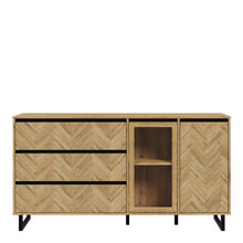 Load image into Gallery viewer, Nikomedes Sideboard in Spica Oak/Matt Black/Bartex Oak Furniture To Go 801nmsk232r-m570 5904767838768 Behold the magnificence of the Nikomedes, a true masterpiece that seamlessly captures the essence of a beautiful contemporary design. This exceptional piece showcases decorative panels that pay homage to the classic wood block floor pattern, infusing your space with a sense of rustic nostalgia and warmth. Embrace the sophistication of this mid-century modern style and complete your living or dining space. D