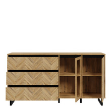 Load image into Gallery viewer, Nikomedes Sideboard in Spica Oak/Matt Black/Bartex Oak Furniture To Go 801nmsk232r-m570 5904767838768 Behold the magnificence of the Nikomedes, a true masterpiece that seamlessly captures the essence of a beautiful contemporary design. This exceptional piece showcases decorative panels that pay homage to the classic wood block floor pattern, infusing your space with a sense of rustic nostalgia and warmth. Embrace the sophistication of this mid-century modern style and complete your living or dining space. D