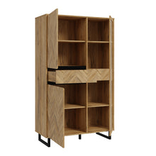 Load image into Gallery viewer, Nikomedes Display Cabinet in Spica Oak/Matt Black/Bartex Oak Furniture To Go 801nmsv621r-m570 5904767838775 Behold the magnificence of the Nikomedes, a true masterpiece that seamlessly captures the essence of a beautiful contemporary design. This exceptional piece showcases decorative panels that pay homage to the classic wood block floor pattern, infusing your space with a sense of rustic nostalgia and warmth. Embrace the sophistication of this mid-century modern style and complete your living or dining sp