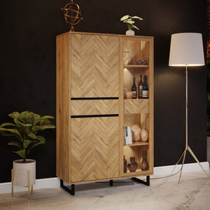 Nikomedes Display Cabinet in Spica Oak/Matt Black/Bartex Oak Furniture To Go 801nmsv621r-m570 5904767838775 Behold the magnificence of the Nikomedes, a true masterpiece that seamlessly captures the essence of a beautiful contemporary design. This exceptional piece showcases decorative panels that pay homage to the classic wood block floor pattern, infusing your space with a sense of rustic nostalgia and warmth. Embrace the sophistication of this mid-century modern style and complete your living or dining sp