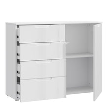 Load image into Gallery viewer, Sienna 4 Chest of Drawers 1 Door in White/White High Gloss Furniture To Go 801snnk221-v29 5904767147808 The Sienna collection, a mesmerising fusion of white high gloss living and bedroom furniture that embodies the essence of modern sophistication. With its contemporary allure, the Sienna collection effortlessly complements any room decor, making it a versatile and stylish choice for your home. Dimensions: 849mm x 1101mm x 344mm (Height x Width x Depth) 
 Modern, sleek design 
 White gloss finish 
 1 door 
