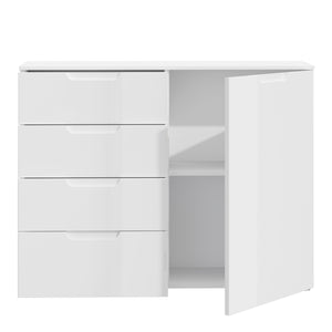 Sienna 4 Chest of Drawers 1 Door in White/White High Gloss Furniture To Go 801snnk221-v29 5904767147808 The Sienna collection, a mesmerising fusion of white high gloss living and bedroom furniture that embodies the essence of modern sophistication. With its contemporary allure, the Sienna collection effortlessly complements any room decor, making it a versatile and stylish choice for your home. Dimensions: 849mm x 1101mm x 344mm (Height x Width x Depth) 
 Modern, sleek design 
 White gloss finish 
 1 door 
