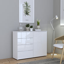 Load image into Gallery viewer, Sienna 4 Chest of Drawers 1 Door in White/White High Gloss Furniture To Go 801snnk221-v29 5904767147808 The Sienna collection, a mesmerising fusion of white high gloss living and bedroom furniture that embodies the essence of modern sophistication. With its contemporary allure, the Sienna collection effortlessly complements any room decor, making it a versatile and stylish choice for your home. Dimensions: 849mm x 1101mm x 344mm (Height x Width x Depth) 
 Modern, sleek design 
 White gloss finish 
 1 door 
