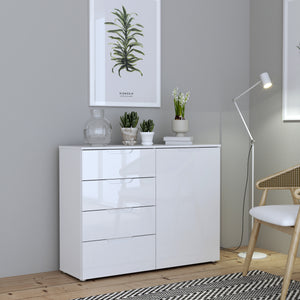 Sienna 4 Chest of Drawers 1 Door in White/White High Gloss Furniture To Go 801snnk221-v29 5904767147808 The Sienna collection, a mesmerising fusion of white high gloss living and bedroom furniture that embodies the essence of modern sophistication. With its contemporary allure, the Sienna collection effortlessly complements any room decor, making it a versatile and stylish choice for your home. Dimensions: 849mm x 1101mm x 344mm (Height x Width x Depth) 
 Modern, sleek design 
 White gloss finish 
 1 door 
