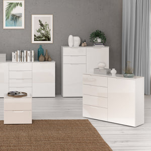 Sienna 4 Chest of Drawers 1 Door in White/White High Gloss Furniture To Go 801snnk221-v29 5904767147808 The Sienna collection, a mesmerising fusion of white high gloss living and bedroom furniture that embodies the essence of modern sophistication. With its contemporary allure, the Sienna collection effortlessly complements any room decor, making it a versatile and stylish choice for your home. Dimensions: 849mm x 1101mm x 344mm (Height x Width x Depth) 
 Modern, sleek design 
 White gloss finish 
 1 door 
