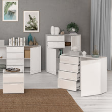 Load image into Gallery viewer, Sienna 4 Chest of Drawers 1 Door in White/White High Gloss Furniture To Go 801snnk221-v29 5904767147808 The Sienna collection, a mesmerising fusion of white high gloss living and bedroom furniture that embodies the essence of modern sophistication. With its contemporary allure, the Sienna collection effortlessly complements any room decor, making it a versatile and stylish choice for your home. Dimensions: 849mm x 1101mm x 344mm (Height x Width x Depth) 
 Modern, sleek design 
 White gloss finish 
 1 door 
