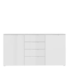 Load image into Gallery viewer, Sienna Wide Chest of 4 Drawers and 2 Doors in White/White High Gloss Furniture To Go 801snnk231-v29 5904767147815 The Sienna collection, a mesmerising fusion of white high gloss living and bedroom furniture that embodies the essence of modern sophistication. With its contemporary allure, the Sienna collection effortlessly complements any room decor, making it a versatile and stylish choice for your home. Dimensions: 849mm x 1648mm x 344mm (Height x Width x Depth) 
 Modern, sleek design 
 White gloss finish 