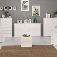 Load image into Gallery viewer, Sienna Wide Chest of 4 Drawers and 2 Doors in White/White High Gloss Furniture To Go 801snnk231-v29 5904767147815 The Sienna collection, a mesmerising fusion of white high gloss living and bedroom furniture that embodies the essence of modern sophistication. With its contemporary allure, the Sienna collection effortlessly complements any room decor, making it a versatile and stylish choice for your home. Dimensions: 849mm x 1648mm x 344mm (Height x Width x Depth) 
 Modern, sleek design 
 White gloss finish 