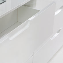 Load image into Gallery viewer, Sienna Abstract Chest of in White/White High Gloss Furniture To Go 801snnk325-v29 5904767147822 The Sienna collection, a mesmerising fusion of white high gloss living and bedroom furniture that embodies the essence of modern sophistication. With its contemporary allure, the Sienna collection effortlessly complements any room decor, making it a versatile and stylish choice for your home. Dimensions: 945mm x 1151mm x 344mm (Height x Width x Depth) 
 Modern, sleek design 
 White gloss finish 
 2 doors 
 4 draw