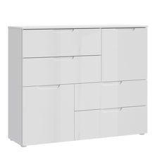 Load image into Gallery viewer, Sienna Abstract Chest of in White/White High Gloss Furniture To Go 801snnk325-v29 5904767147822 The Sienna collection, a mesmerising fusion of white high gloss living and bedroom furniture that embodies the essence of modern sophistication. With its contemporary allure, the Sienna collection effortlessly complements any room decor, making it a versatile and stylish choice for your home. Dimensions: 945mm x 1151mm x 344mm (Height x Width x Depth) 
 Modern, sleek design 
 White gloss finish 
 2 doors 
 4 draw