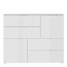 Load image into Gallery viewer, Sienna Abstract Chest of in White/White High Gloss Furniture To Go 801snnk325-v29 5904767147822 The Sienna collection, a mesmerising fusion of white high gloss living and bedroom furniture that embodies the essence of modern sophistication. With its contemporary allure, the Sienna collection effortlessly complements any room decor, making it a versatile and stylish choice for your home. Dimensions: 945mm x 1151mm x 344mm (Height x Width x Depth) 
 Modern, sleek design 
 White gloss finish 
 2 doors 
 4 draw