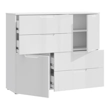 Load image into Gallery viewer, Sienna Abstract Chest of in White/White High Gloss Furniture To Go 801snnk325-v29 5904767147822 The Sienna collection, a mesmerising fusion of white high gloss living and bedroom furniture that embodies the essence of modern sophistication. With its contemporary allure, the Sienna collection effortlessly complements any room decor, making it a versatile and stylish choice for your home. Dimensions: 945mm x 1151mm x 344mm (Height x Width x Depth) 
 Modern, sleek design 
 White gloss finish 
 2 doors 
 4 draw