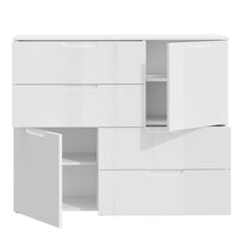 Load image into Gallery viewer, Sienna Abstract Chest of in White/White High Gloss Furniture To Go 801snnk325-v29 5904767147822 The Sienna collection, a mesmerising fusion of white high gloss living and bedroom furniture that embodies the essence of modern sophistication. With its contemporary allure, the Sienna collection effortlessly complements any room decor, making it a versatile and stylish choice for your home. Dimensions: 945mm x 1151mm x 344mm (Height x Width x Depth) 
 Modern, sleek design 
 White gloss finish 
 2 doors 
 4 draw