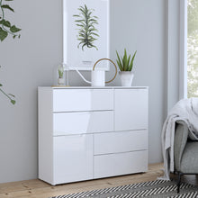 Load image into Gallery viewer, Sienna Abstract Chest of in White/White High Gloss Furniture To Go 801snnk325-v29 5904767147822 The Sienna collection, a mesmerising fusion of white high gloss living and bedroom furniture that embodies the essence of modern sophistication. With its contemporary allure, the Sienna collection effortlessly complements any room decor, making it a versatile and stylish choice for your home. Dimensions: 945mm x 1151mm x 344mm (Height x Width x Depth) 
 Modern, sleek design 
 White gloss finish 
 2 doors 
 4 draw