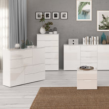 Load image into Gallery viewer, Sienna Abstract Chest of in White/White High Gloss Furniture To Go 801snnk325-v29 5904767147822 The Sienna collection, a mesmerising fusion of white high gloss living and bedroom furniture that embodies the essence of modern sophistication. With its contemporary allure, the Sienna collection effortlessly complements any room decor, making it a versatile and stylish choice for your home. Dimensions: 945mm x 1151mm x 344mm (Height x Width x Depth) 
 Modern, sleek design 
 White gloss finish 
 2 doors 
 4 draw