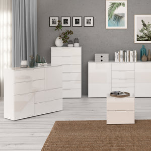 Sienna Abstract Chest of in White/White High Gloss Furniture To Go 801snnk325-v29 5904767147822 The Sienna collection, a mesmerising fusion of white high gloss living and bedroom furniture that embodies the essence of modern sophistication. With its contemporary allure, the Sienna collection effortlessly complements any room decor, making it a versatile and stylish choice for your home. Dimensions: 945mm x 1151mm x 344mm (Height x Width x Depth) 
 Modern, sleek design 
 White gloss finish 
 2 doors 
 4 draw