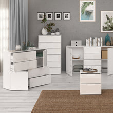 Load image into Gallery viewer, Sienna Abstract Chest of in White/White High Gloss Furniture To Go 801snnk325-v29 5904767147822 The Sienna collection, a mesmerising fusion of white high gloss living and bedroom furniture that embodies the essence of modern sophistication. With its contemporary allure, the Sienna collection effortlessly complements any room decor, making it a versatile and stylish choice for your home. Dimensions: 945mm x 1151mm x 344mm (Height x Width x Depth) 
 Modern, sleek design 
 White gloss finish 
 2 doors 
 4 draw