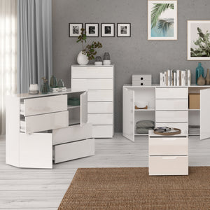 Sienna Abstract Chest of in White/White High Gloss Furniture To Go 801snnk325-v29 5904767147822 The Sienna collection, a mesmerising fusion of white high gloss living and bedroom furniture that embodies the essence of modern sophistication. With its contemporary allure, the Sienna collection effortlessly complements any room decor, making it a versatile and stylish choice for your home. Dimensions: 945mm x 1151mm x 344mm (Height x Width x Depth) 
 Modern, sleek design 
 White gloss finish 
 2 doors 
 4 draw