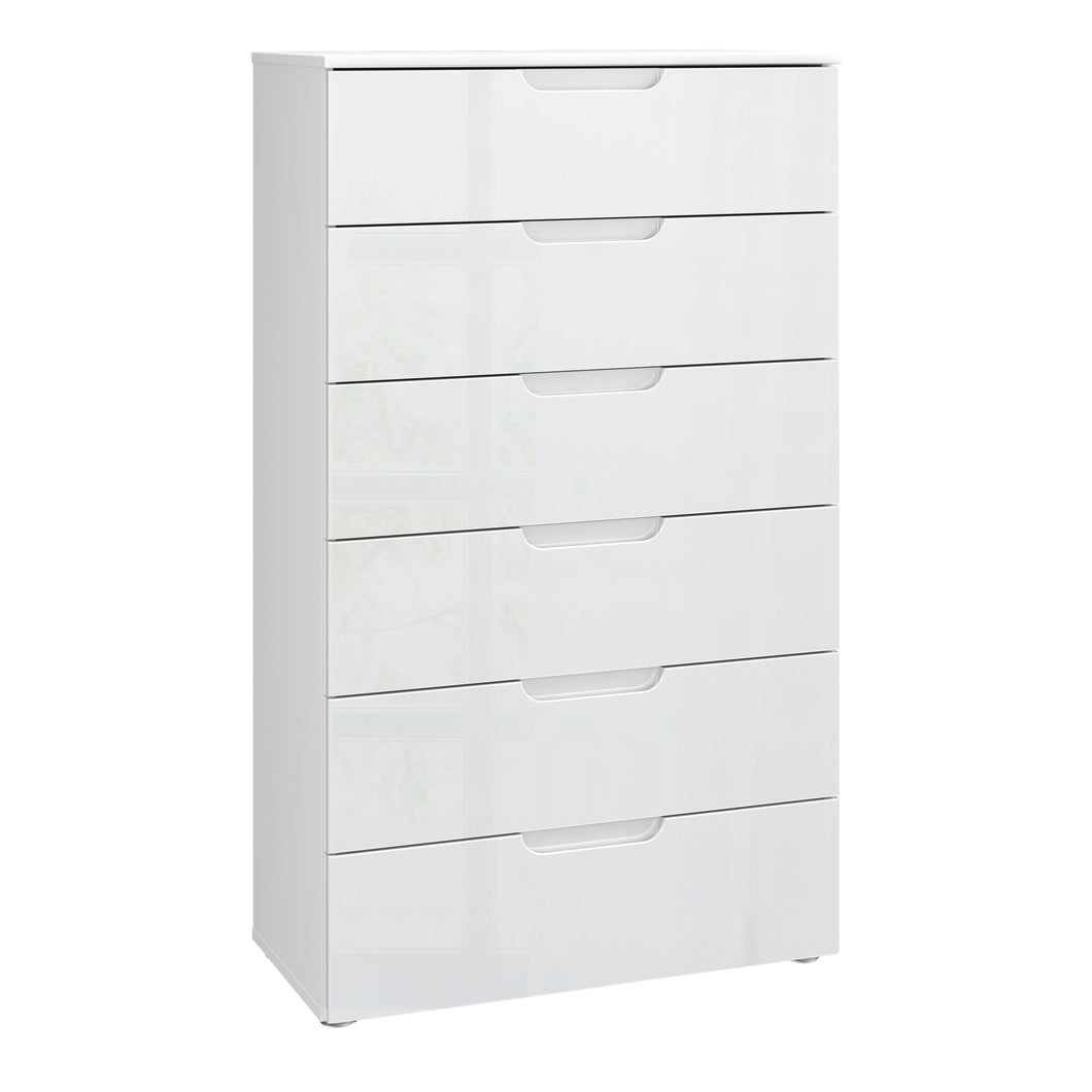 Sienna Chest of 6 Drawers in White/White High Gloss Furniture To Go 801snnk411-v29 5904767147839 The Sienna collection, a mesmerising fusion of white high gloss living and bedroom furniture that embodies the essence of modern sophistication. With its contemporary allure, the Sienna collection effortlessly complements any room decor, making it a versatile and stylish choice for your home. Dimensions: 1201mm x 702mm x 344mm (Height x Width x Depth) 
 Modern, sleek design 
 White gloss finish 
 6 drawers 
 Cut
